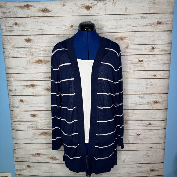 Loft Navy and White Striped Open Front Long Sleeve Cardigan – XL – Ramie/Viscose - Picture 2 of 10
